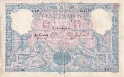 Francia 100 Francs - Blue and pink - 1906 - Serial E.4735 - F to VF - P.65