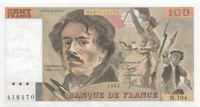 Francia 100 Francs - Delacroix - 1986 - Serial H.104