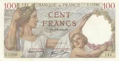 Francia 100 Francs - Sully -  06-06-1940 - Serial U.11522