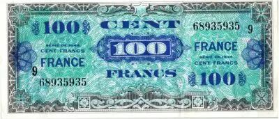 Francia 100 Francs Allied Military Currency - 1944 Serial 9 68935935