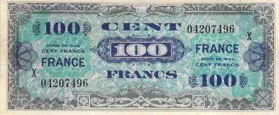 Francia 100 Francs Allied Military Currency - 1945 big X Serial - F+