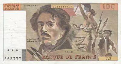 Francia 100 Francs Delacroix 1978 - Serial J.3