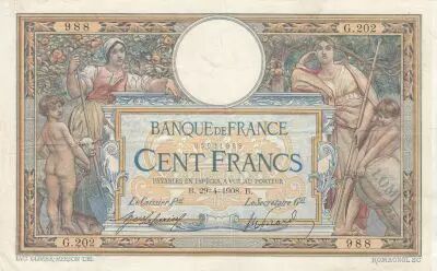 Francia 100 Francs Luc Olivier Merson - with LOM 29-04-1908 - Serial G.202 - VF