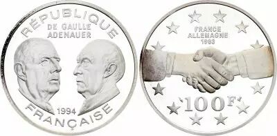 Francia 100 Francs Silver De Gaulle, Adenauer - 1994 - Proof