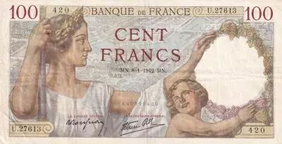 Francia 100 Francs Sully - 08-01-1942 - Serial U.27613