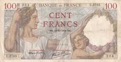 Francia 100 Francs Sully - 12-10-1939 - Serial U.2765