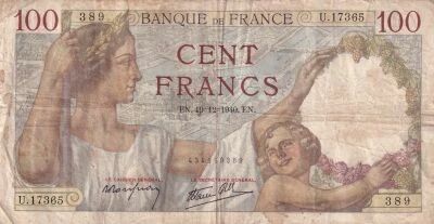 Francia 100 Francs Sully - 19-12-1940 - Serial U.17365