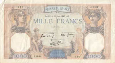 Francia 1000 Francs - Ceres and Mercury - 20-06-1940 - Serial J.9894