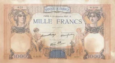 Francia 1000 Francs - Ceres and Mercury - 23-12-1937 - Serial O.3153