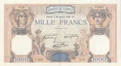 Francia 1000 Francs - Ceres and Mercury - 26-01-1939 - Serial F.5971