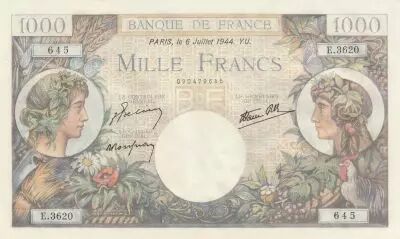 Francia 1000 Francs - Commerce and Industry - 06-07-1944 Serial E.3620