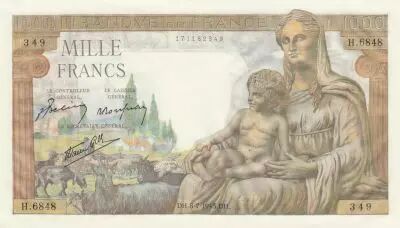 Francia 1000 Francs - Deesse Demeter - 08-07-1943 - Serial H.6848
