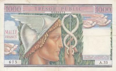 Francia 1000 Francs - Mercury - French Treasury - 1955 - Serial A.33