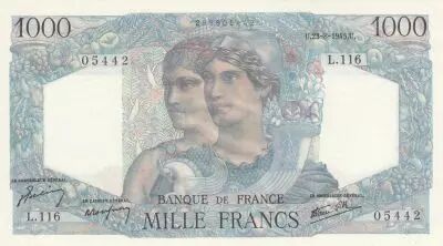 Francia 1000 Francs - Minerve and Hercule -23-08-1945 - Serial L.116