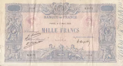 Francia 1000 Francs - Pink and blue - 05-03-1926 - Serial B.2171