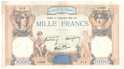 Francia 1000 Francs Ceres and Mercury - 08-12-1939 Serial G.8449 - VF