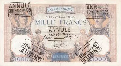 Francia 1000 Francs Ceres and Mercury - 21-10-1938 - Serial H.4585 - Cancel