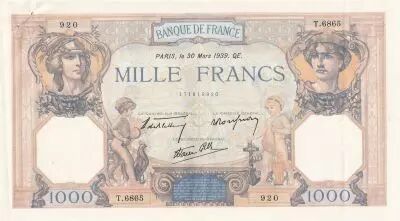Francia 1000 Francs Ceres and Mercury - 30-03-1939 - Serial T.6865