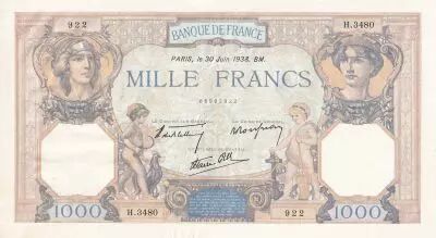 Francia 1000 Francs Ceres and Mercury - 30-06-1938 - Serial H.3480