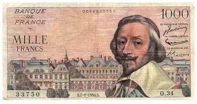 Francia 1000 Francs Richelieu -  07-01-1954 - Serial O.34 - Fay.42.04