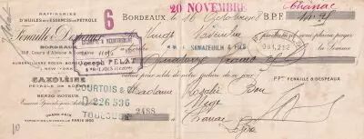Francia 12 francs - Bank cheque receipt - Petroleum oil and petrol refineries - 1908
