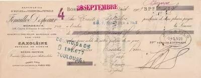 Francia 12 francs - Bordeaux - Bank cheque receipt - Petroleum oil and petrol refineries - 1909