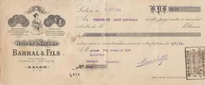 Francia 14 francs - Bank cheque receipt - Oils and soaps - 1914