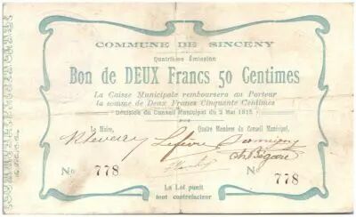 Francia 2,50 F Sinceny City - 1915