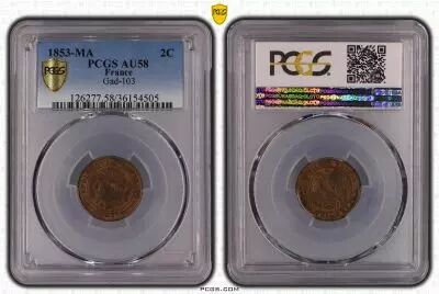 Francia 2 Centimes Napoleon III - Nude Head - 1853  MA  - PCGS AU 58