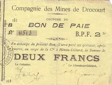 Francia 2 F Drocourt Cie. des mines Bon de paie