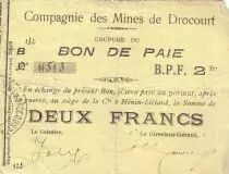 Francia 2 F Drocourt Cie. des mines Bon de paie
