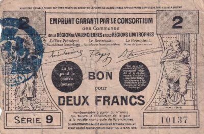 Francia 2-franc emergency note - May 1916 - Valenciennes - Series 9