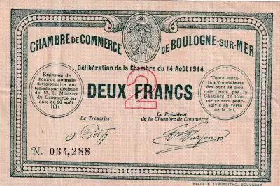 Francia 2 Francs - Chambre de commerce - Boulogne sur Mer - 14-08- 1914