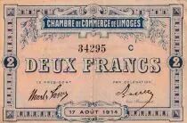 Francia 2 Francs - Chambre de Commerce - Limoges  17-08-1914 - S&eacute;rie C
