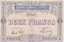 Francia 2 Francs - Chambre de Commerce - Limoges  17-08-1914