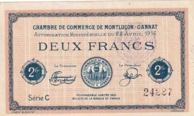 Francia 2 Francs - Chambre de commerce -Montlu�on-Gannat - 28-04-1916 - S�rie C