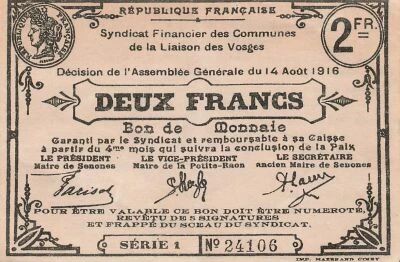 Francia 2 Francs - Cities of Vosges - 14-08-1916 - Serial 1