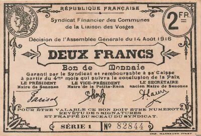 Francia 2 Francs - Cities of Vosges - 14-08-1916 - Serial 1