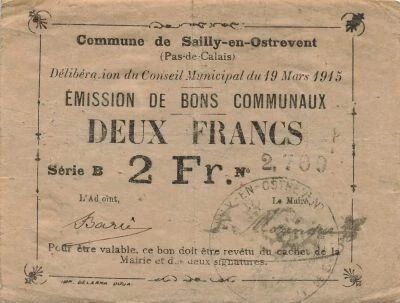 Francia 2 Francs - City of Sailly-en-Ostrevent - 19-03-1915