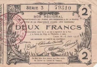 Francia 2 Francs - Laon - Regional Coupon - 16-06-1916 - Serial 3