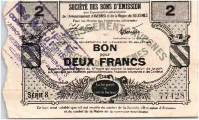 Francia 2 Francs Avesnes Et Solesmes Sans cachet �metteur