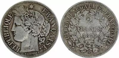 Francia 2 Francs Ceres - 1870 small A Paris - Fine to VF - Silver - KM.817