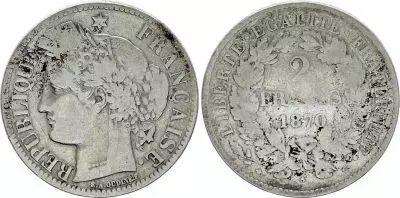 Francia 2 Francs Ceres - 1870 small A Paris aFine - Silver - KM.817