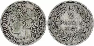 Francia 2 Francs Ceres 1871 K Bordeaux - within wreath- F to VF - Silver  KM.816