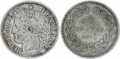 Francia 2 Francs Ceres 1871 K Bordeaux - within wreath- Good - Silver  KM.816