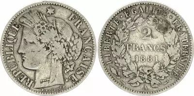 Francia 2 Francs Ceres 1881A Paris - F to VF - Silver  KM.817.1