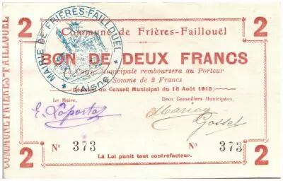 Francia 2 Francs Frieres-Faillouel City - 1915