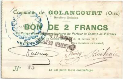 Francia 2 Francs Golancourt City - 1915