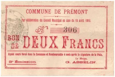 Francia 2 Francs Premont City - 1915