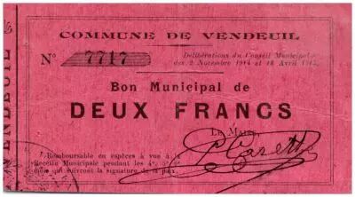 Francia 2 Francs Vendeuil City - 1914